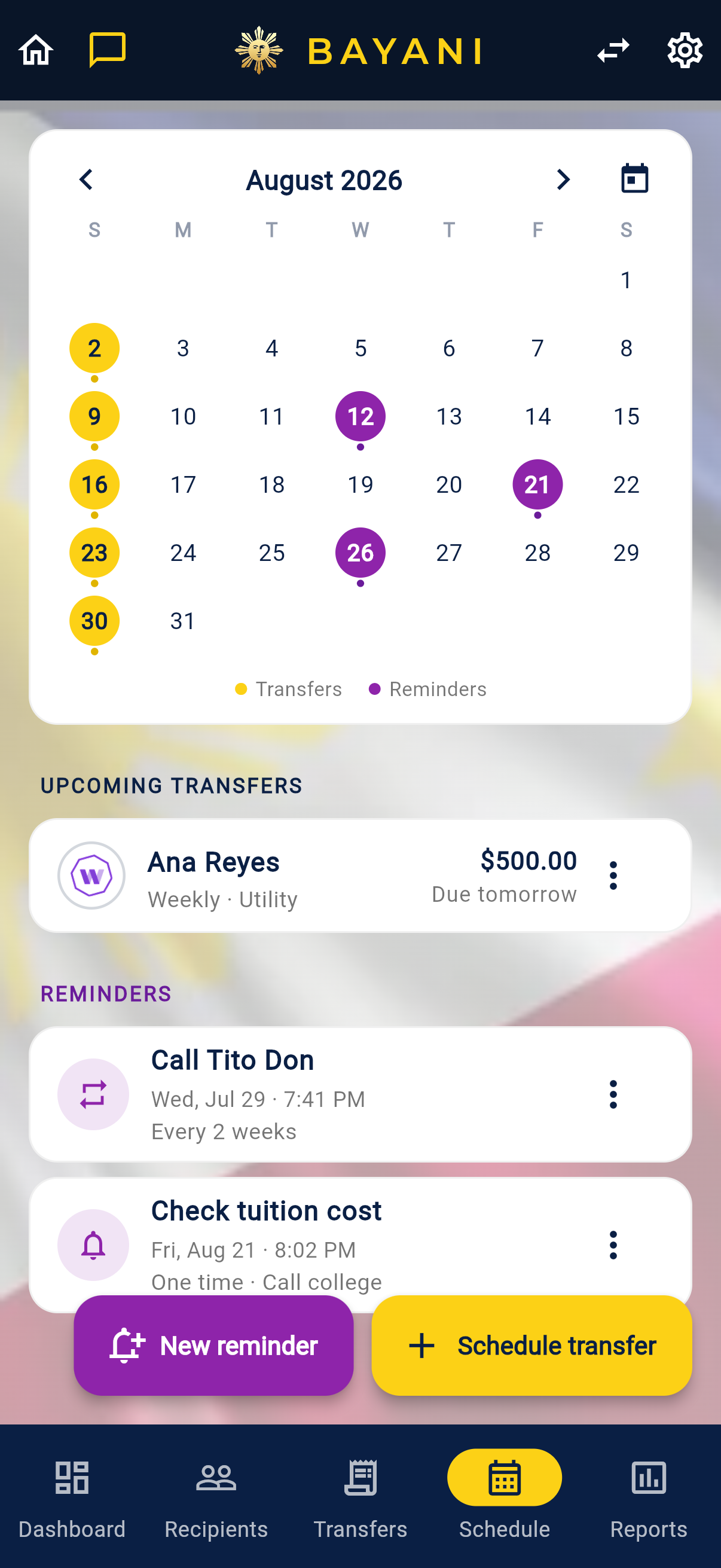 Bayani schedule: a calendar of due dates and upcoming recurring transfers